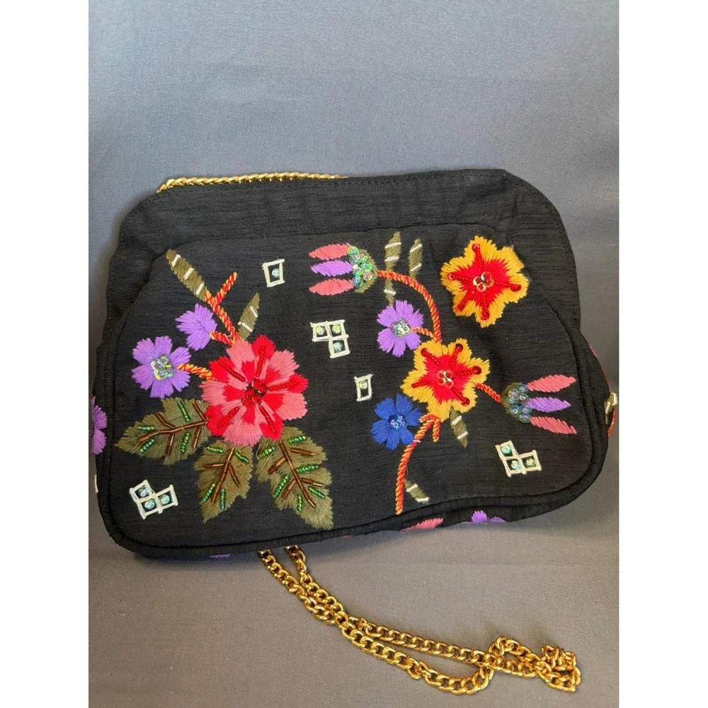 Marco Avane Black Floral Embroidered Beaded Evening Clutch Bag Gold Chain Strap